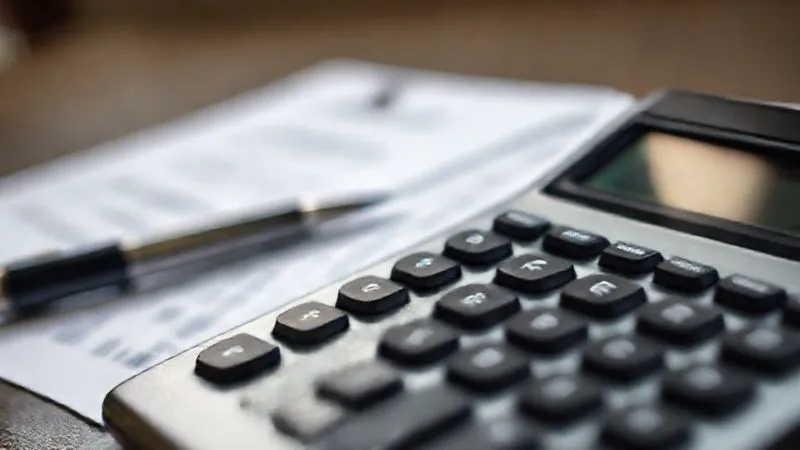 A photorealistic close-up of a calculator display showing significant savings, with blurred business documents and a pen in the background, suggesting financial planning. Professional photography, 8K, cinematic lighting, sharp focus on the calculator, depth of field blurring the background. Shot on a high-end DSLR.