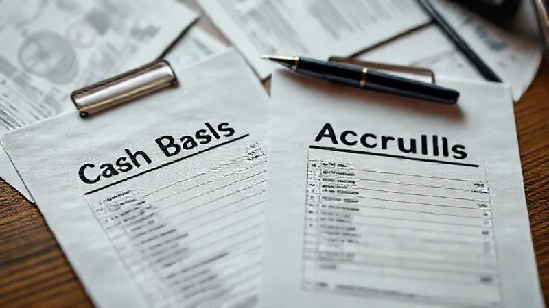 A photorealistic image of two distinct accounting ledgers side-by-side, one labeled "Cash Basis" and the other "Accrual Basis," with financial documents and a pen, emphasizing clarity and choice. Professional photography, 8K, cinematic lighting, sharp focus on the ledgers, depth of field blurring the background. Shot on a high-end DSLR.