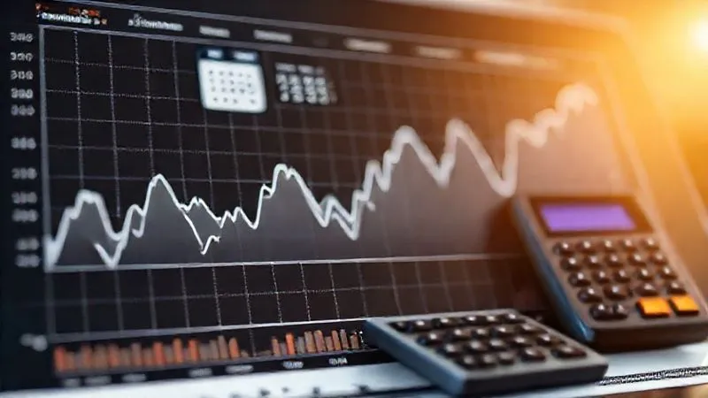 A photorealistic image of a financial chart with a fluctuating line graph, superimposed with a calendar and a calculator, illustrating dynamic income and tax adjustments. Professional photography, 8K, cinematic lighting, sharp focus on the chart, depth of field blurring the background. Shot on a high-end DSLR.