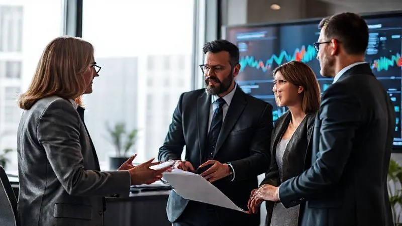 A photorealistic image of a business team collaborating with a financial advisor in a modern office, reviewing charts and digital data on a large screen, symbolizing expert guidance and strategic planning. Professional photography, 8K, cinematic lighting, sharp focus on the team, depth of field blurring the background. Shot on a high-end DSLR.