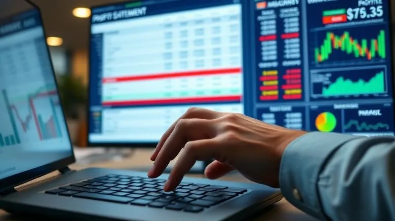 A photorealistic image of a detailed financial spreadsheet displayed on a large monitor, with a business owner's hands hovering over a keyboard, surrounded by graphs and charts. The screen shows profit and loss statements with sections highlighted in red and green, indicating areas of high cost and potential savings. Cinematic lighting, sharp focus on the data, depth of field blurring the background office setting, 8K hyper-detailed, professional photography, shot on a high-end DSLR.