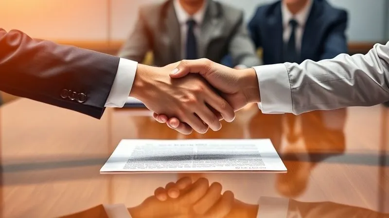 A photorealistic image of two business people shaking hands across a polished conference table, with a legal document (blurred but recognizable as a contract) between them. A third person, a mediator or legal counsel, sits nearby, observing. The scene is professionally lit, conveying a sense of resolution and agreement. Sharp focus on the handshake and document, depth of field blurring the background, 8K hyper-detailed, professional photography, shot on a high-end DSLR.