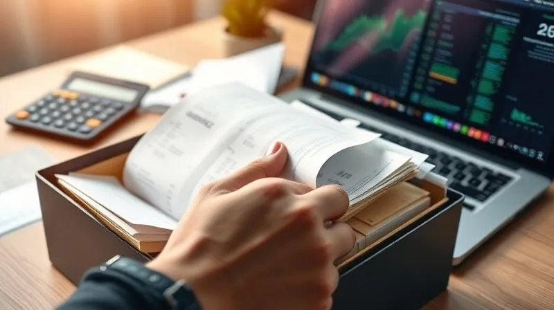 A photorealistic image of a meticulous hand organizing neatly categorized receipts and digital invoices into folders, with a calculator and a laptop showing financial software in the background. Cinematic lighting, sharp focus on the documents, depth of field blurring the office setting, 8K hyper-detailed.