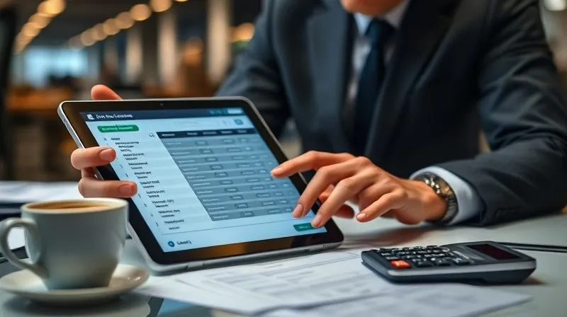 Photorealistic image of a professional accountant reviewing a digital ledger showing inventory levels and accounts receivable data on a tablet, with a calculator and coffee cup nearby. Cinematic lighting, sharp focus on the tablet screen, depth of field blurring the modern office background, 8K hyper-detailed.