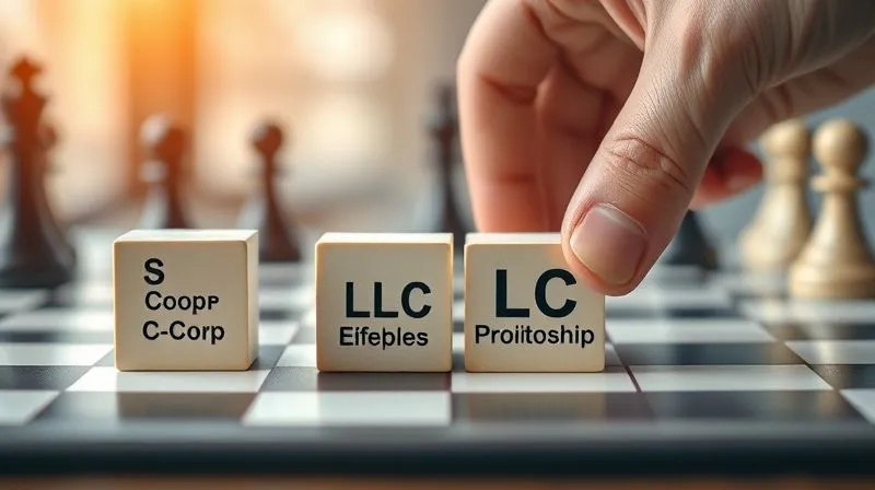 Photorealistic image of various business entity icons (S Corp, C Corp, LLC, Sole Proprietorship) on separate blocks, being strategically arranged by a hand on a chessboard-like surface. Cinematic lighting, sharp focus on the icons, depth of field blurring the strategic planning session in the background, 8K hyper-detailed.