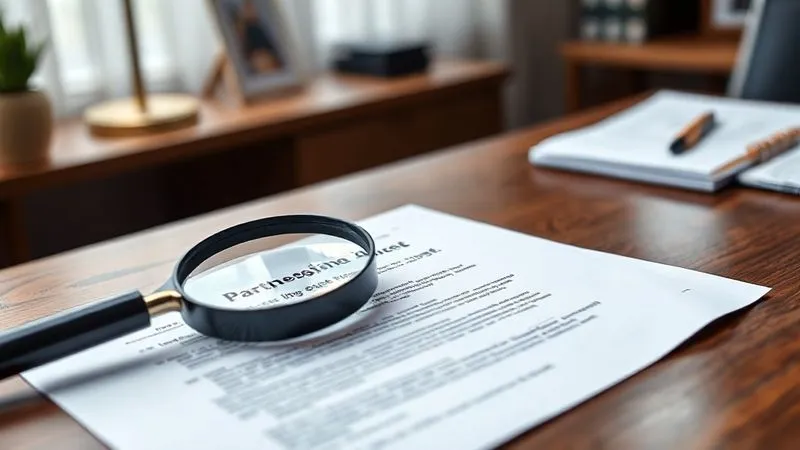 A photorealistic, professional photography image of a detailed business partnership agreement document open on a polished wooden desk, with a magnifying glass resting on a specific clause. The background is blurred, showing subtle office elements. 8K, cinematic lighting, sharp focus on the document and magnifying glass, depth of field, shot on a high-end DSLR.