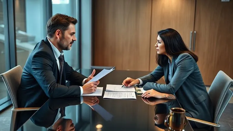 A photorealistic, professional photography image of three diverse business professionals seated around a modern conference table, engaged in a serious but constructive discussion. A neutral, empathetic mediator is facilitating, with legal documents subtly visible. The lighting is balanced and professional. 8K, cinematic lighting, sharp focus on the faces and interaction, depth of field, shot on a high-end DSLR.