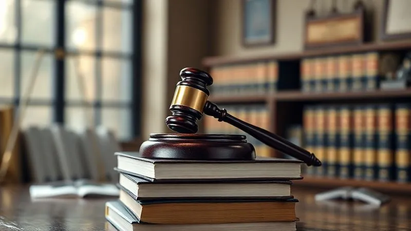 A photorealistic, professional photography image of a single, highly polished gavel resting on a stack of weighty legal books in a dimly lit, traditional law office. The background shows blurred law diplomas and a large window. The scene evokes justice and legal authority. 8K, cinematic lighting, sharp focus on the gavel and books, depth of field, shot on a high-end DSLR.