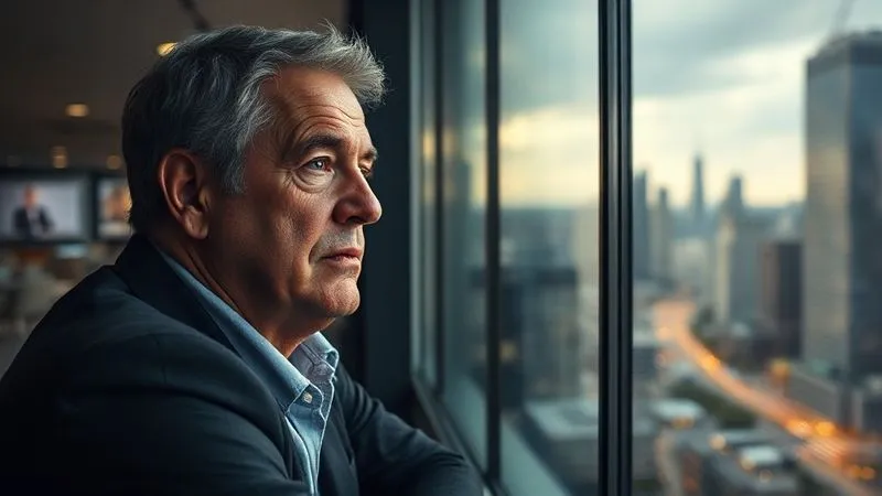 A photorealistic, professional photography image of a business owner looking out a large office window at a bustling city, their face showing a mix of determination and weariness. The lighting is soft and contemplative, highlighting the emotional weight of their decision. 8K, cinematic lighting, sharp focus on the individual, depth of field blurring the city, shot on a high-end DSLR.