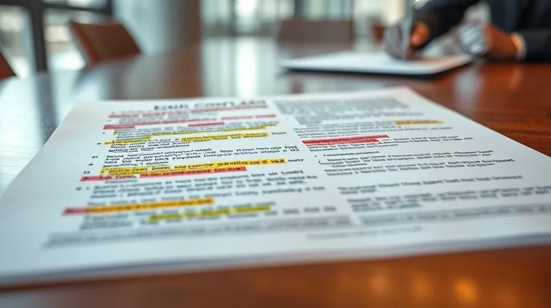 photorealistic, professional photography, 8K, cinematic lighting, sharp focus, depth of field, shot on a high-end DSLR, a close-up of a complex legal contract open on a table, with various clauses highlighted and annotated in different colors, demonstrating the intricate and often conflicting interpretations of earn-out terms, with a blurred background of a modern office environment.