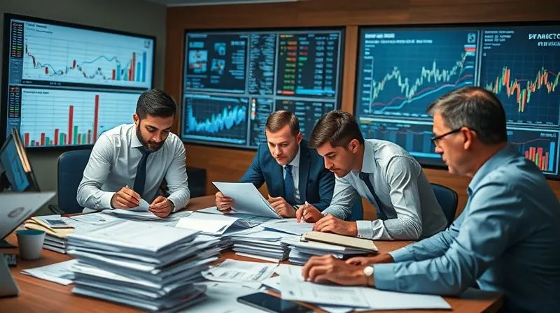 photorealistic, professional photography, 8K, cinematic lighting, sharp focus, depth of field, shot on a high-end DSLR, a team of legal and financial professionals huddled around a large table, reviewing stacks of documents, charts, and digital screens displaying complex financial data, with intense concentration on their faces, symbolizing meticulous data gathering and analysis for a legal dispute.