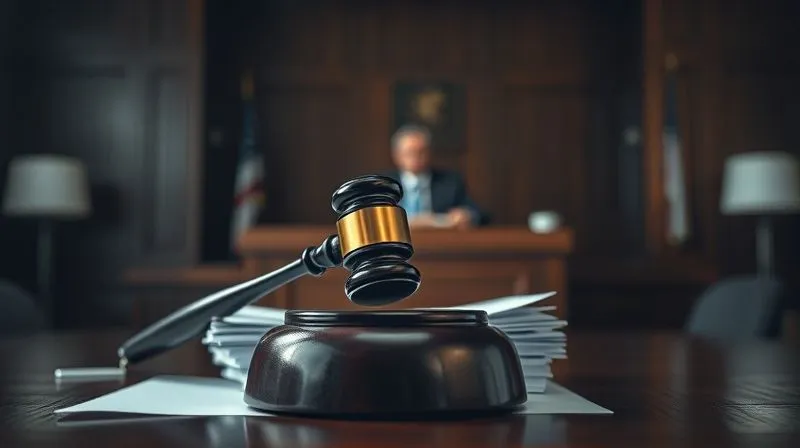 photorealistic, professional photography, 8K, cinematic lighting, sharp focus, depth of field, shot on a high-end DSLR, a dramatic shot of a gavel resting on a stack of legal documents in a dimly lit courtroom, with the blurred figures of attorneys and a judge in the background, symbolizing the gravity and finality of legal judgment in a dispute.
