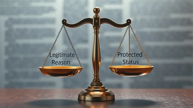 A photorealistic image of a perfectly balanced scale, with 'Legitimate Reason' on one side and 'Protected Status' on the other, both in equilibrium, set against a backdrop of blurred legal texts, cinematic lighting, sharp focus, depth of field, 8K hyper-detailed.