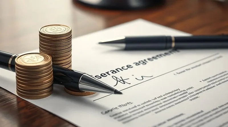 A photorealistic image of a legal document with a signature line, a pen resting on it, and a stack of coins next to it, symbolizing a severance agreement, cinematic lighting, sharp focus on the document, depth of field blurring the background, 8K hyper-detailed.
