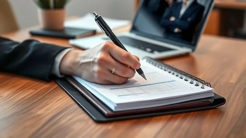 A professional hand holding a pen, meticulously documenting notes in a well-organized binder on a modern desk, with a blurred laptop screen in the background, photorealistic, professional photography, 8K, cinematic lighting, sharp focus, depth of field, shot on a high-end DSLR.