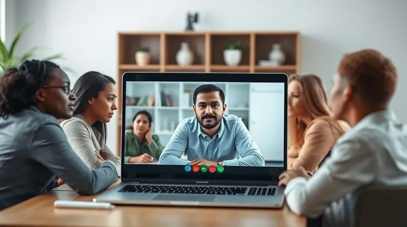 A photorealistic image of a professional, diverse group of people engaged in a serious virtual meeting on a laptop screen, with a concerned but empathetic leader on the main display. The background is a clean, modern home office, cinematic lighting, sharp focus on the screen, depth of field, 8K hyper-detailed, professional photography, shot on a high-end DSLR.