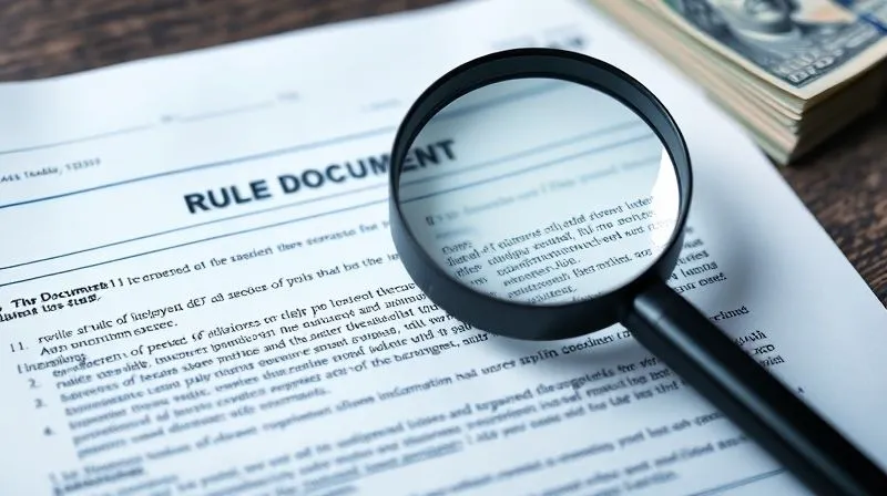 A photorealistic image of a magnifying glass over a complex trade document, highlighting specific clauses related to rules of origin, with a stack of currency in the background, cinematic lighting, sharp focus, depth of field, 8K, shot on a high-end DSLR.