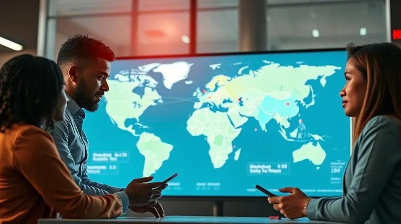 A photorealistic image of a team of diverse professionals collaborating around a large digital display showing supply chain analytics, with data points connecting North America (USA, Mexico, Canada), illustrating trade routes and cost reductions, with cinematic lighting, sharp focus, depth of field, 8K, shot on a high-end DSLR.