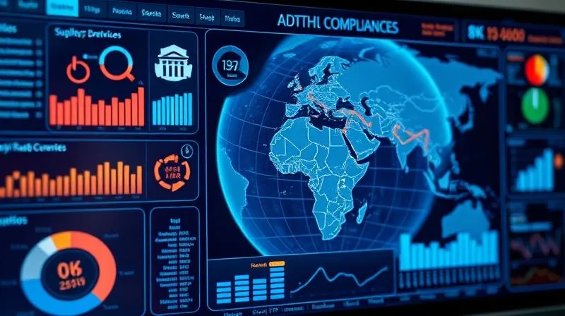 A photorealistic image of a digital dashboard displaying various trade compliance metrics, supply chain data, and a map highlighting North American trade routes, with a globe overlay in the background, professional interface, 8K, cinematic lighting, sharp focus, depth of field, shot on a high-end DSLR.