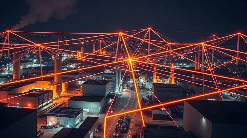 photorealistic, professional photography, 8K, cinematic lighting, sharp focus, depth of field, shot on a high-end DSLR, a vibrant, interconnected web of glowing lines stretching between various factory buildings and warehouses, symbolizing a resilient and diversified supply chain network, with one broken link being swiftly reconnected by a new, strong glowing line. The overall impression is one of dynamic adaptation and robust connectivity.