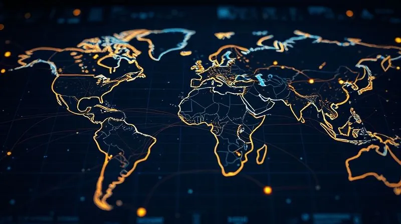 photorealistic, professional photography, 8K, cinematic lighting, sharp focus, depth of field, shot on a high-end DSLR, a detailed global map projected onto a holographic interface, with numerous glowing lines representing diverse supply chains originating from various continents and converging on a central factory icon. One major glowing line is initially dark and broken, but new, brighter lines are rapidly forming and rerouting around the break, symbolizing supply chain diversification and adaptation.