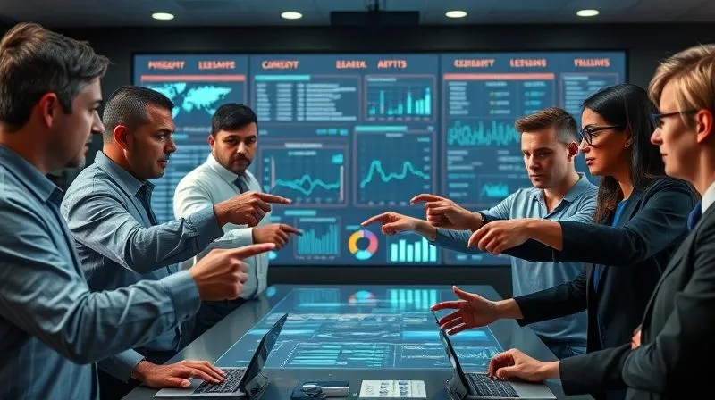photorealistic, professional photography, 8K, cinematic lighting, sharp focus, depth of field, shot on a high-end DSLR, a diverse team of professionals in a modern control room, intensely collaborating around a large holographic display showing complex supply chain data and production metrics. Hands are pointing, faces are serious but determined, symbolizing cross-functional collaboration and decisive action during a crisis. The lighting highlights key individuals and the data.
