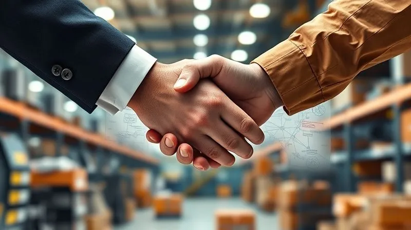 photorealistic, professional photography, 8K, cinematic lighting, sharp focus, depth of field, shot on a high-end DSLR, two hands, one representing a company and the other a supplier, firmly grasping each other in a handshake over a blueprint of a complex, robust supply chain network. The background shows a stable, modern factory, symbolizing trust, partnership, and long-term resilience. The lighting is warm and reassuring.
