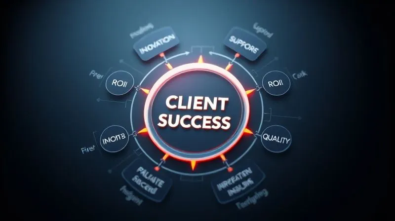A photorealistic 3D infographic illustrating a strong value proposition with interconnected concepts like 'Innovation', 'Support', 'ROI', and 'Quality', radiating from a central 'Client Success' icon. Cinematic lighting, sharp focus, depth of field, 8K, professional photography, shot on a high-end DSLR.