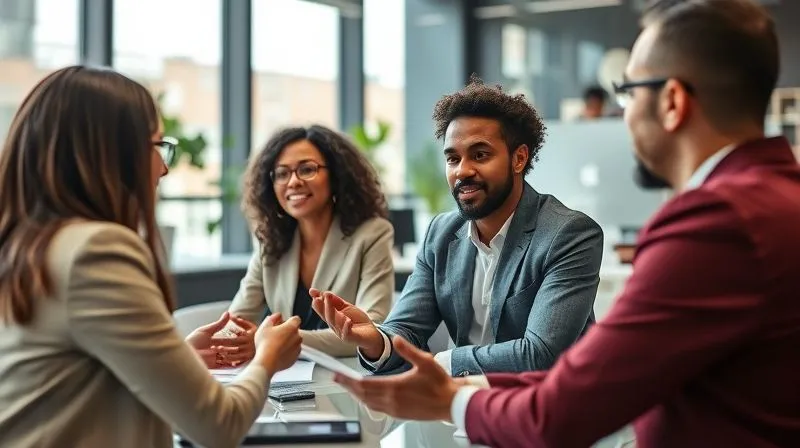 A photorealistic image of a diverse sales team engaged in a dynamic role-playing exercise, practicing negotiation skills in a modern, collaborative office setting. Focus on their confident body language and engaged expressions. Cinematic lighting, sharp focus, depth of field, 8K, professional photography, shot on a high-end DSLR.