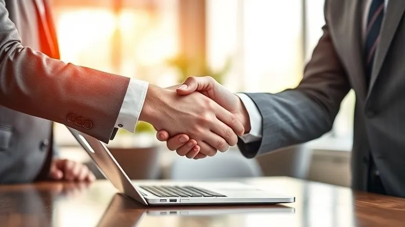 A photorealistic image of two business professionals shaking hands firmly over a laptop displaying a growth chart, symbolizing a strong, trusting long-term partnership. The background is a modern, sunlit office. Cinematic lighting, sharp focus on the handshake, depth of field, 8K, professional photography, shot on a high-end DSLR.