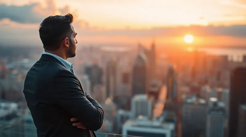 A photorealistic image of a business person confidently overlooking a cityscape at dawn, symbolizing strategic foresight and successful profit maintenance. The person is in sharp focus, with a slight depth of field blurring the background, conveying a sense of achievement and vision. Cinematic lighting, 8K, professional photography, shot on a high-end DSLR.