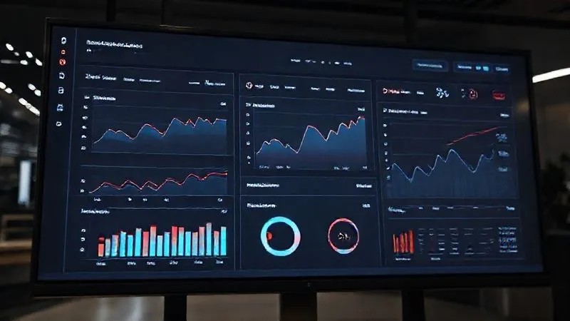 A photorealistic image of a sleek, minimalist executive BI dashboard on a large display, showing key strategic KPIs with clear trend lines, target comparisons, and a prominent 'Action Needed' alert in a subtle red. The design emphasizes clarity and conciseness, with professional typography and a dark mode interface, 8K, cinematic lighting, sharp focus, depth of field.
