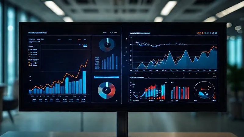 A photorealistic, professional photography, 8K, cinematic lighting, sharp focus, depth of field, shot on a high-end DSLR, of a sophisticated digital dashboard displaying interconnected data points. On one side, internal company sales figures are shown, while on the other, external market growth trends and competitor activity graphs are seamlessly integrated, creating a comprehensive strategic overview. The screen has a subtle glow in a modern office environment.