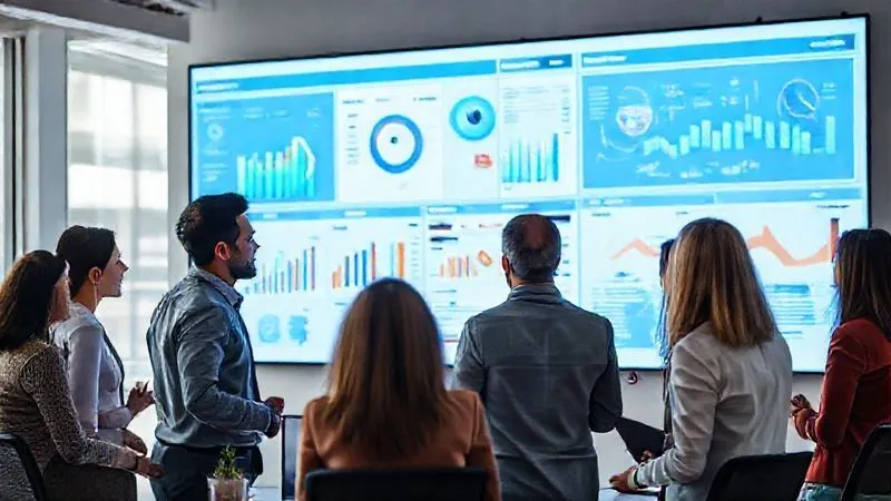 A photorealistic, professional photography, 8K, cinematic lighting, sharp focus, depth of field, shot on a high-end DSLR, of a diverse team of business professionals collaboratively discussing insights from a large, interactive BI dashboard on a wall-mounted screen in a modern, brightly lit office. The scene conveys active engagement, shared understanding, and a culture of data-driven decision-making, with executives and analysts working together.