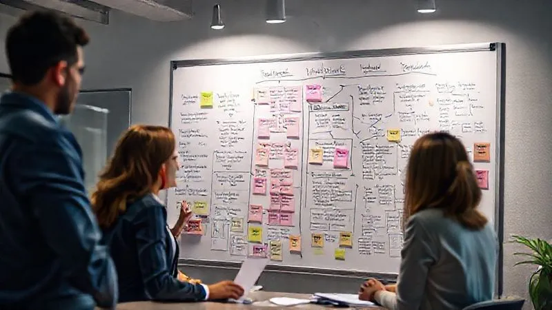A photorealistic image of a diverse group of business professionals collaborating around a large whiteboard, filled with sticky notes and flowcharts outlining key business questions, decisions, and corresponding KPIs. Cinematic lighting, sharp focus on the whiteboard, depth of field blurring the background, 8K hyper-detailed, professional photography, shot on a high-end DSLR. A photorealistic image of a diverse group of business professionals collaborating around a large whiteboard, filled with sticky notes and flowcharts outlining key business questions, decisions, and corresponding KPIs. Cinematic lighting, sharp focus on the whiteboard, depth of field blurring the background, 8K hyper-detailed, professional photography, shot on a high-end DSLR.