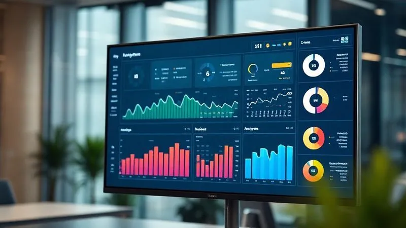 A photorealistic, impeccably designed business analytics dashboard on a large monitor, showcasing a clear visual hierarchy. Key performance indicators (KPIs) are prominently displayed at the top with clear targets and trend lines. The design is clean, using a consistent, professional color palette with clear labels and intuitive charts, making complex data easily digestible. Cinematic lighting, sharp focus on the dashboard display, depth of field blurring the modern office background, 8K hyper-detailed, professional photography, shot on a high-end DSLR. A photorealistic, impeccably designed business analytics dashboard on a large monitor, showcasing a clear visual hierarchy. Key performance indicators (KPIs) are prominently displayed at the top with clear targets and trend lines. The design is clean, using a consistent, professional color palette with clear labels and intuitive charts, making complex data easily digestible. Cinematic lighting, sharp focus on the dashboard display, depth of field blurring the modern office background, 8K hyper-detailed, professional photography, shot on a high-end DSLR.