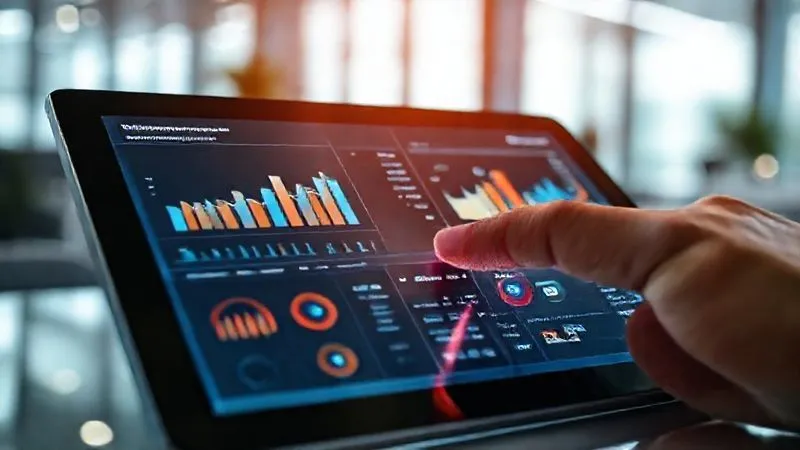 A photorealistic business analytics dashboard on a tablet, with clear, dynamic charts showing performance metrics. Critically, alongside key metrics, there are prominently displayed, clickable 'action buttons' or 'send alert' icons, implying direct integration with operational systems. A finger is hovering over one of these buttons, ready to initiate an action. Cinematic lighting, sharp focus on the tablet screen, depth of field blurring a modern office background, 8K hyper-detailed, professional photography, shot on a high-end DSLR. A photorealistic business analytics dashboard on a tablet, with clear, dynamic charts showing performance metrics. Critically, alongside key metrics, there are prominently displayed, clickable 'action buttons' or 'send alert' icons, implying direct integration with operational systems. A finger is hovering over one of these buttons, ready to initiate an action. Cinematic lighting, sharp focus on the tablet screen, depth of field blurring a modern office background, 8K hyper-detailed, professional photography, shot on a high-end DSLR.