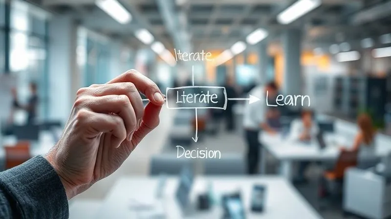 A photorealistic image of a hand drawing a complex flowchart on a clear glass whiteboard, with arrows pointing to 'Iterate' and 'Learn' after a 'Decision' node. The background shows a bustling modern office, symbolizing dynamic action. Professional photography, 8K, cinematic lighting, sharp focus on the flowchart and hand, depth of field. Shot on a high-end DSLR. A photorealistic image of a hand drawing a complex flowchart on a clear glass whiteboard, with arrows pointing to 'Iterate' and 'Learn' after a 'Decision' node. The background shows a bustling modern office, symbolizing dynamic action. Professional photography, 8K, cinematic lighting, sharp focus on the flowchart and hand, depth of field. Shot on a high-end DSLR.