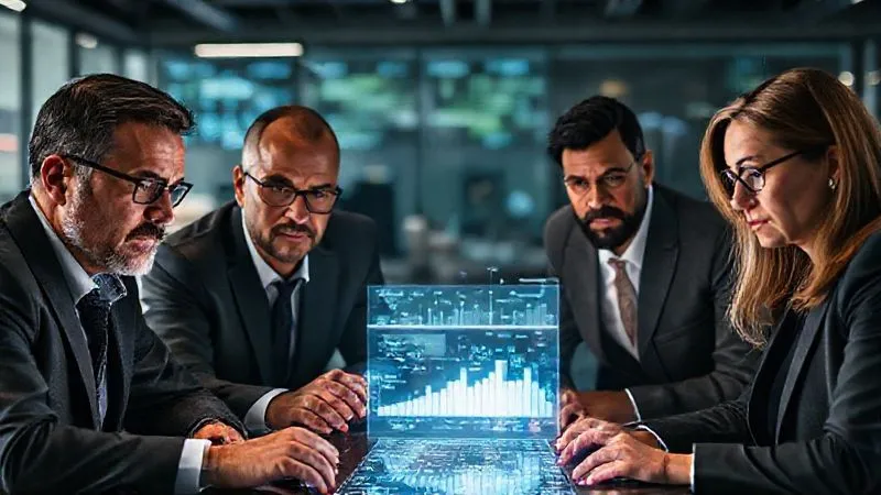 A photorealistic, professional photography of a diverse group of four business leaders (male and female, various ethnicities) intensely collaborating around a holographic projection of complex data and a timeline. Their expressions are serious, focused, and determined. The scene is set in a modern, high-tech war room with cinematic lighting, sharp focus on their faces and the glowing projection, depth of field blurring the background, 8K hyper-detailed, shot on a high-end DSLR.