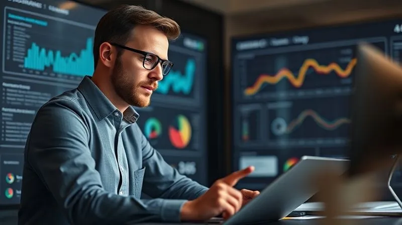 A photorealistic image of a project manager making a confident decision based on a minimalist dashboard, with a focused expression, representing efficient data use, cinematic lighting, sharp focus, depth of field, 8K hyper-detailed, professional photography, shot on a high-end DSLR.