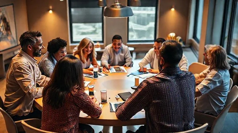 A photorealistic, professional photography, 8K, cinematic lighting, sharp focus, depth of field, shot on a high-end DSLR, depicting a diverse team collaborating openly and energetically around a large circular table. There are no visible signs of fear or hesitation, only engaged discussion, shared laughter, and mutual respect, with bright, warm lighting illuminating their faces. A photorealistic, professional photography, 8K, cinematic lighting, sharp focus, depth of field, shot on a high-end DSLR, depicting a diverse team collaborating openly and energetically around a large circular table. There are no visible signs of fear or hesitation, only engaged discussion, shared laughter, and mutual respect, with bright, warm lighting illuminating their faces.