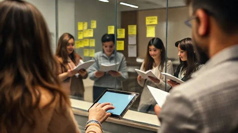A photorealistic, professional photography, 8K, cinematic lighting, sharp focus, depth of field, shot on a high-end DSLR, showing a diverse user testing session. A user is interacting with a sleek, minimalist digital product prototype on a tablet, while a team of designers and researchers observe from behind a one-way mirror, diligently taking notes on clipboards, with sticky notes on the glass reflecting user feedback and insights. The atmosphere is focused and analytical. A photorealistic, professional photography, 8K, cinematic lighting, sharp focus, depth of field, shot on a high-end DSLR, showing a diverse user testing session. A user is interacting with a sleek, minimalist digital product prototype on a tablet, while a team of designers and researchers observe from behind a one-way mirror, diligently taking notes on clipboards, with sticky notes on the glass reflecting user feedback and insights. The atmosphere is focused and analytical.