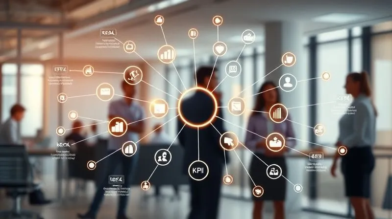 A photorealistic image of a complex, glowing network diagram connecting various business departments and strategic goals to specific key performance indicators (KPIs), symbolizing alignment. The diagram is displayed on a transparent screen in a modern office, with blurred professional figures collaborating in the background. Cinematic lighting, sharp focus on the network, depth of field, 8K hyper-detailed, shot on a high-end DSLR. A photorealistic image of a complex, glowing network diagram connecting various business departments and strategic goals to specific key performance indicators (KPIs), symbolizing alignment. The diagram is displayed on a transparent screen in a modern office, with blurred professional figures collaborating in the background. Cinematic lighting, sharp focus on the network, depth of field, 8K hyper-detailed, shot on a high-end DSLR.