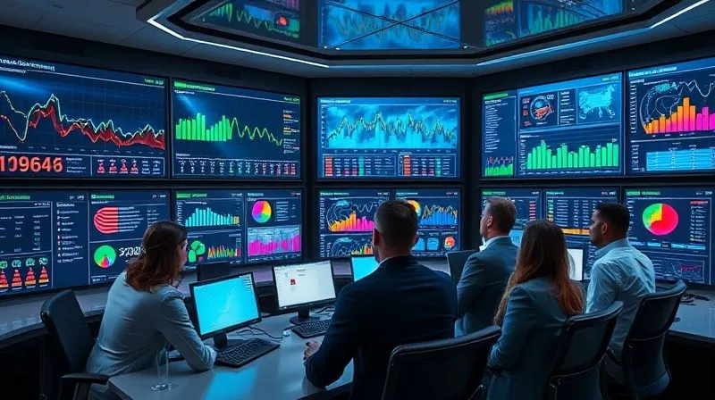 A photorealistic image of a sleek, modern operations control room with multiple large screens displaying dynamic, color-coded dashboards. The dashboards show various real-time operational metrics, including flow charts, heat maps, and trend lines, all designed for clarity and quick interpretation. A diverse team of professionals is actively monitoring and discussing the data. Cinematic lighting, sharp focus on the screens and team, depth of field, 8K hyper-detailed, shot on a high-end DSLR. A photorealistic image of a sleek, modern operations control room with multiple large screens displaying dynamic, color-coded dashboards. The dashboards show various real-time operational metrics, including flow charts, heat maps, and trend lines, all designed for clarity and quick interpretation. A diverse team of professionals is actively monitoring and discussing the data. Cinematic lighting, sharp focus on the screens and team, depth of field, 8K hyper-detailed, shot on a high-end DSLR.