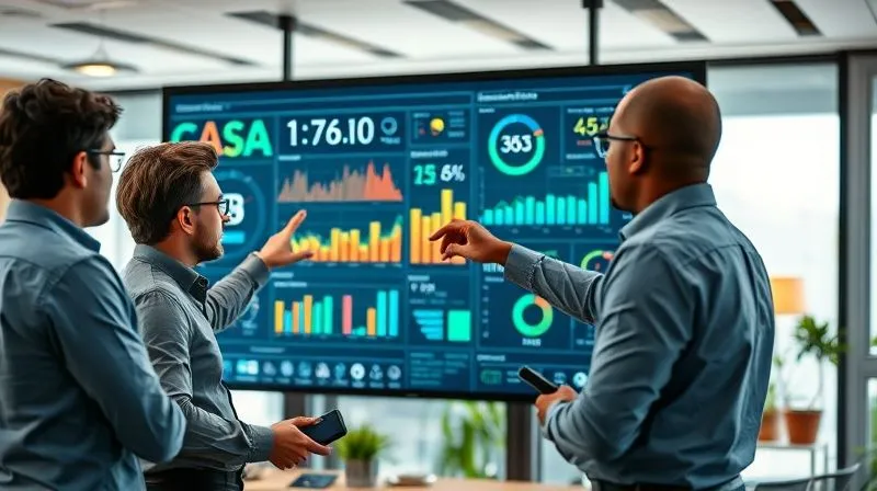 A photorealistic image of a business team collaboratively working around a large interactive screen displaying complex operational data. One team member points to a specific metric, while others actively discuss solutions, illustrating problem-solving through data analysis. The setting is a modern, brightly lit office, conveying a sense of teamwork and focused effort. Cinematic lighting, sharp focus on the team and screen, depth of field, 8K hyper-detailed, shot on a high-end DSLR. A photorealistic image of a business team collaboratively working around a large interactive screen displaying complex operational data. One team member points to a specific metric, while others actively discuss solutions, illustrating problem-solving through data analysis. The setting is a modern, brightly lit office, conveying a sense of teamwork and focused effort. Cinematic lighting, sharp focus on the team and screen, depth of field, 8K hyper-detailed, shot on a high-end DSLR.