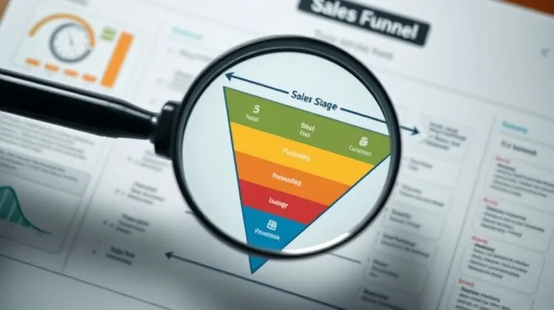 A photorealistic image of a magnifying glass hovering over a complex, multi-stage sales funnel diagram, highlighting a specific bottleneck, with a professional and analytical feel, cinematic lighting, sharp focus, depth of field, 8K hyper-detailed.