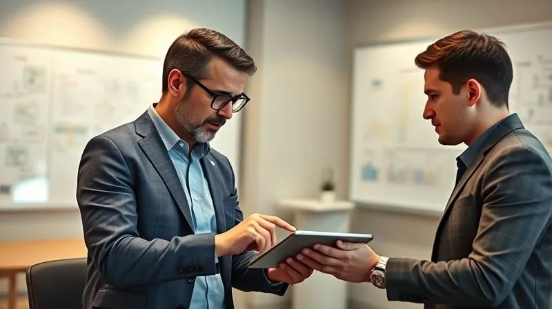 A photorealistic, professional photography, 8K, cinematic lighting, sharp focus, depth of field, shot on a high-end DSLR of a sales manager and a sales representative in a modern office setting, engaged in a one-on-one coaching session. The manager is pointing to specific performance data on a tablet, while the rep listens intently, both looking focused and collaborative. A whiteboard in the background shows a sales process flow. No text or logos.