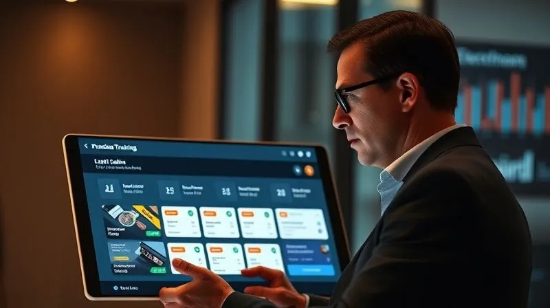 A photorealistic, professional photography, 8K, cinematic lighting, sharp focus, depth of field, shot on a high-end DSLR of a sales leader looking at a personalized training dashboard on a tablet or large screen. The screen displays various customized learning paths and modules tailored for different sales team members or roles, with progress indicators. The leader appears thoughtful and strategic. No text or logos.