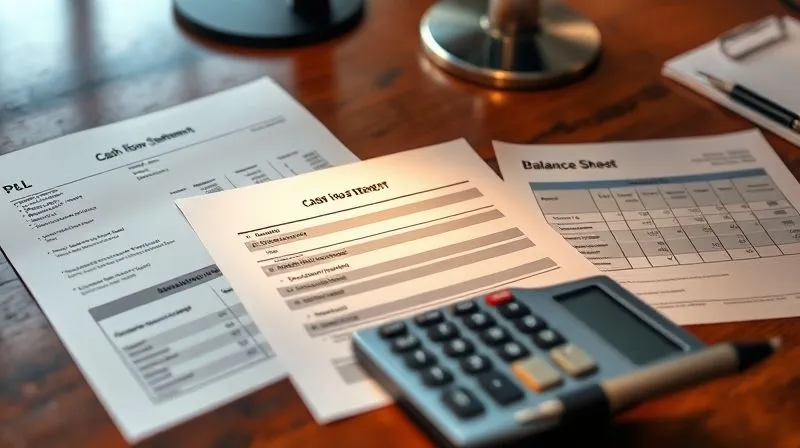 A photorealistic image showing three distinct financial statements – a P&L, a Cash Flow Statement, and a Balance Sheet – spread out on a polished wooden desk. The Cash Flow Statement is subtly highlighted with a spotlight, emphasizing its importance. Cinematic lighting, sharp focus, depth of field blurring a calculator and pen in the foreground, 8K hyper-detailed, shot on a high-end DSLR.