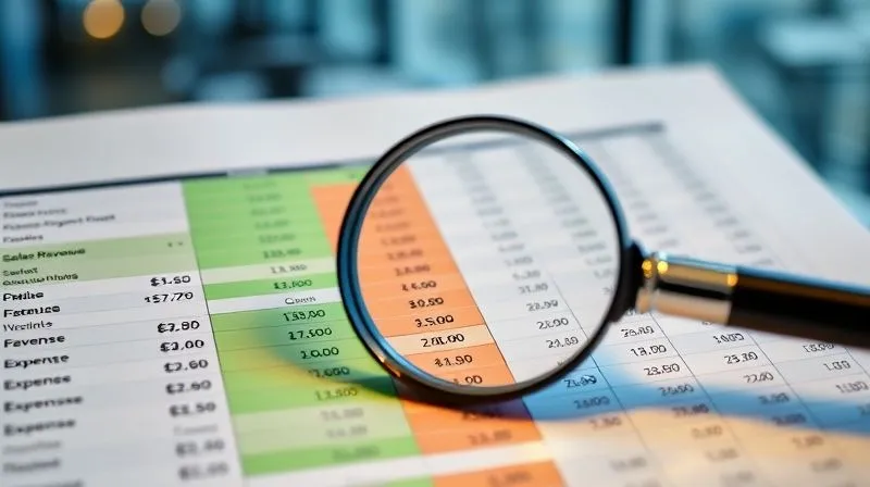 A photorealistic image of a detailed financial ledger or spreadsheet, with one column showing 'Sales Revenue' in a bright green, and another column 'Net Profit' in a more subdued, slightly lower green, with various 'Expenses' in red. A magnifying glass is hovering over the expense column, indicating scrutiny. Cinematic lighting, sharp focus on the ledger, depth of field blurring the background of a modern office, 8K hyper-detailed, shot on a high-end DSLR.
